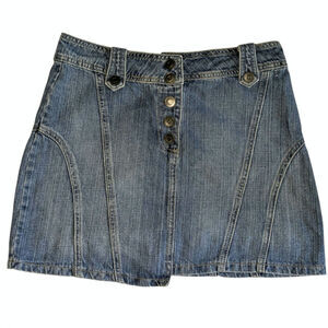 VTG Papaya Y2K Denim Mini Skirt Size 10 Button Front Paneled Asymmetric Grunge